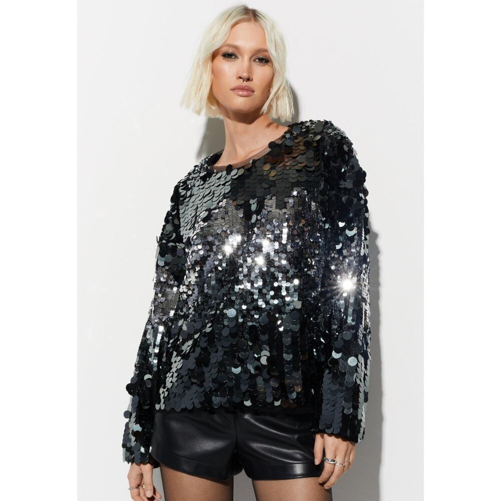 NWT NASTY GAL All Over Sequin Sweatshirt Silver 2